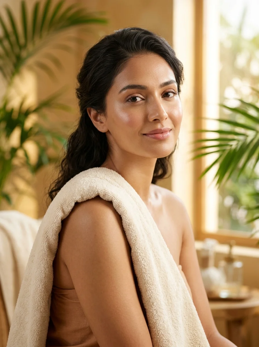 Reset Skincare campaign portrait of radiant, glowing, healthy skin in warm sunlight